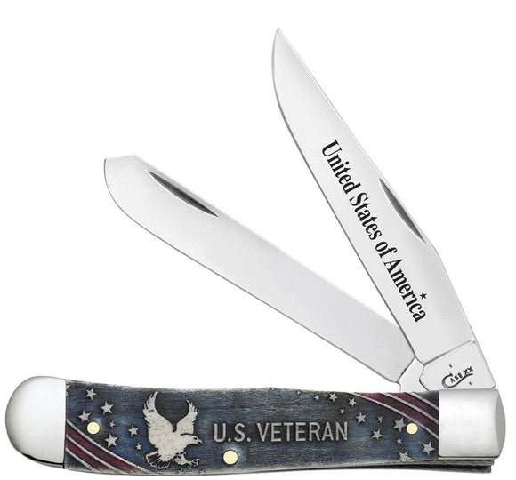 Case U.S. Veteran Gift Set Embellished Smooth Natural Bone with Blue and Red Color Wash Trapper (In Velvet Box) (Natural Bone - U.S. Veteran)