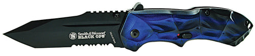 BTI Tools LLC SWBLOP3TBLS S&W Black Ops 3.40 Tanto Part Serrated 4034 Stainless Steel Black/Blue Aluminum Handle Folding