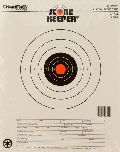 Champion Targets 45724 Scorekeeper 50ft Pistol Slowfire Bullseye Hanging Paper Target 11 x 16 12 Per Pack