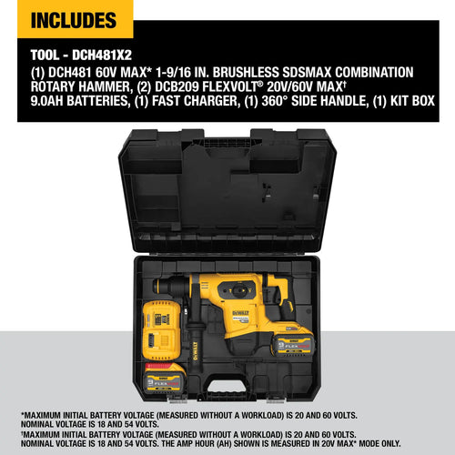 DEWALT® FLEXVOLT 60V MAX* Cordless Brushless 1-9/16 (40mm) SDS Max Rotary Hammer Drill with (2) 9.0 Ah Batteries and Charger